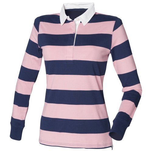 Striped Rugby Polo Shirt (M) (Navy/Pink 