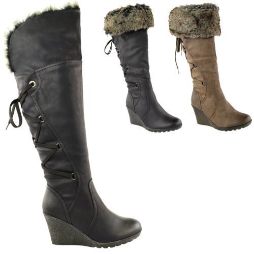 black wedge knee high boots uk