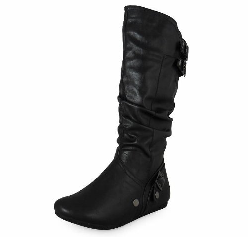 low heel mid calf biker boots