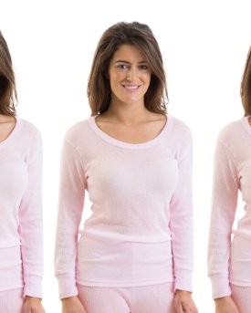 3-Pack-WomensLadies-Thermal-Underwear-Long-Sleeve-Vest-With-Jacquard-Rib-Fabric-Pink-1012-0