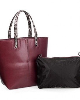 BMC-Womens-Wine-Red-PU-Leather-Faux-Snakeskin-Top-Handle-Fashion-Tote-Canvas-Purse-Handbag-Set-0