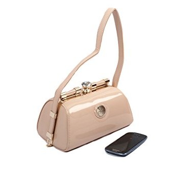Beige-Nude-Patent-Elegant-Occasion-Designer-Handbag-with-Gold-Trim-by-Peach-0