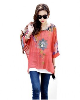 Bohemian-Floral-Batwing-Sleeve-Plus-Chiffon-Blouse-Womens-Loose-Off-Shoulder-T-Shirt-Tops-Red-0