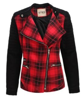 CANDY-FLOSS-LADIES-BIKER-WINTER-BLACK-ZIP-BUTTON-COAT-TARTAN-CHECK-8-14-0