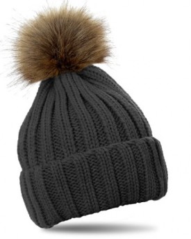 CASPAR-Womens-Winter-Rib-Knitted-Hat-Beanie-with-Chunky-Faux-Fur-Bobble-Pom-Pom-many-colours-MU054-Farbedunkelgrau-0