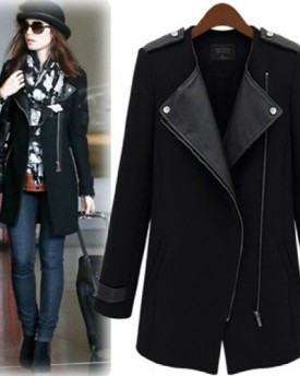 Celeb-Ladies-PU-Leather-Lapel-Jacket-Parka-Zip-Long-Woolen-Trench-Coat-Outerwear-Black-14-0