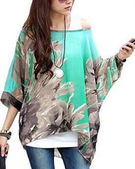 DJT-Floral-Batwing-Sleeve-Plus-Chiffon-Blouse-Womens-Loose-Off-Shoulder-T-Shirt-Tops-Blue-Grey-0