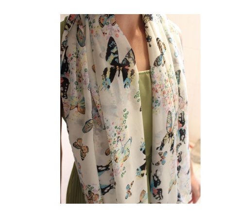 Demarkt Fashion Women Chiffon Wrap Butterfly Print Bowknot Pattern Scarf Shawl Scarves Off-White - Image 3