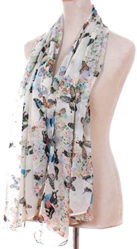 Demarkt Fashion Women Chiffon Wrap Butterfly Print Bowknot Pattern Scarf Shawl Scarves Off-White