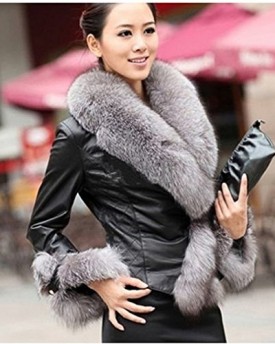 Hengsong-Women-Black-Artificial-Leather-Fur-Collar-Long-Sleeve-Slim-Coat-Warm-Jacket-Outerwear-4-size-XXL-bust-104cm-0