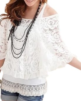 Hot-Women-Blouse-2-Pcs-Lace-Tops-Off-Shoulder-Batwing-T-Shirt-Tank-Vest-White-0