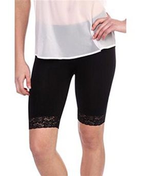 LADIES-COTTON-LYCRA-STRETCHYREF2195-LACED-TRIM-ABOVE-KNEE-CYCLING-SHORTS-ACTIVE-LEGGING-WITH-LACE-DETAIL-XXX-LARGE-BLACK-0