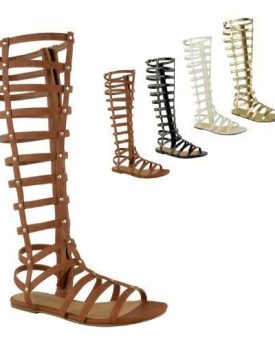 LADIES-WOMENS-CUT-OUT-GLADIATOR-SANDALS-FLAT-KNEE-BOOTS-STRAPPY-SIZE-UK-5-Tan-Faux-Leather-0