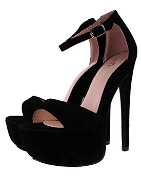 Ladies-BEBO-Black-Faux-Suede-Very-High-Heel-Platform-Ankle-Strap-Sandal-Shoes-6-0