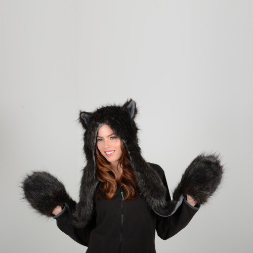 Ladies Black Faux Fur Husky Wolf Style Super Warm Animal Hat with Attached Scarf - Image 3