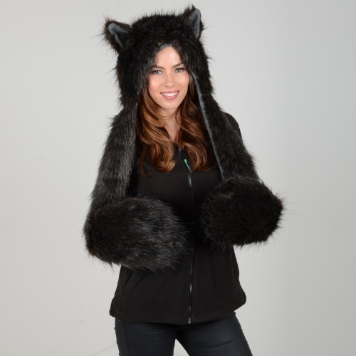 Ladies Black Faux Fur Husky Wolf Style Super Warm Animal Hat with Attached Scarf - Image 4