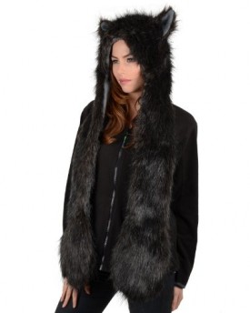 Ladies-Black-Faux-Fur-Husky-Wolf-Style-Super-Warm-Animal-Hat-with-Attached-Scarf-0