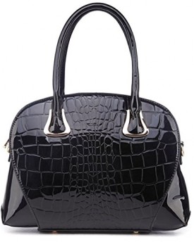 Ladies-Black-High-Gloss-Mock-Croc-Tote-Handbag-0