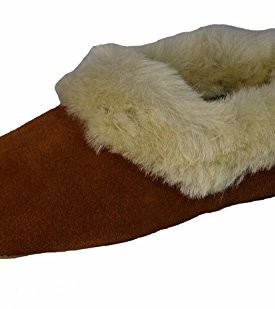 Ladies-Genuine-Sheepskin-Collar-Slippers-with-Soft-Sole-Brown-size-4-UK-0