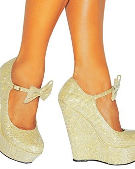 Ladies-Gold-Sparkly-Metallic-High-Heels-Wedges-Glitter-Wedged-Bow-Detail-Shoes-Platforms-UK6EURO39-0