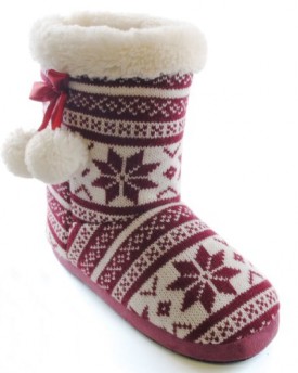 Ladies-Purple-Knitted-Fairisle-Bootie-Slippers-With-Faux-Fur-Pompoms-UK-6-0