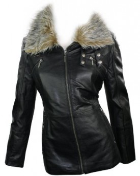 Ladies-Real-New-Vintage-Black-Leather-Jacket-Coat-With-Fur-Collar-0