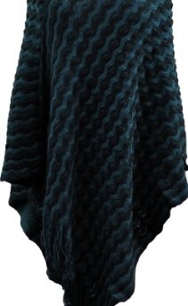 Ladies-Wavy-pattern-knitted-Poncho-Cape-Shawl-Shrug-Wrap-Waterfall-with-Fringe-Edge-Teal-0