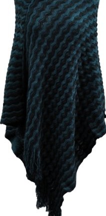 Ladies-Wavy-pattern-knitted-Poncho-Cape-Shawl-Shrug-Wrap-Waterfall-with-Fringe-Edge-Teal-0