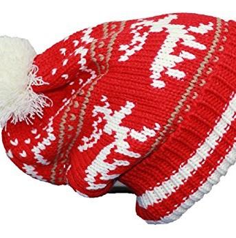 Long-Knitted-Beanie-Bobble-Hat-Reindeer-Ski-Hat-Red-Unisex-one-size-0