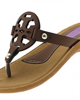 Lora-Dora-Womens-Faux-Leather-Toe-Posts-Flip-Flops-Low-Wedges-Sandals-Ladies-Shoes-Decorative-Strap-Brown-Size-UK-7-0