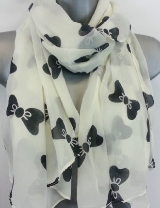 NEW-Fashionable-White-Scarf-with-Black-Bows-Ladies-Womens-Chiffon-Soft-Long-Scarf-170-x-70cm-Approx-0