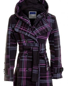 New-Ladies-Long-Belted-Button-Hooded-Duffle-Jacket-Womens-Coat-6-8-10-12-14Black-Purple-CheckXL-14-0