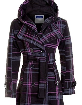 New-Ladies-Long-Belted-Button-Hooded-Duffle-Jacket-Womens-Coat-6-8-10-12-14Black-Purple-CheckXL-14-0