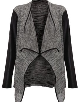 New-Ladies-PVC-Faux-Leather-Long-Sleeve-Waterfall-Open-Cardigan-Womens-Grey-ML-0