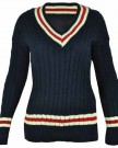 New-Ladies-V-Neck-Cable-Knitted-Cricket-Jumper-Womens-Stretch-Long-Sleeve-Stripe-Top-Navy-Size-12-14-0-0