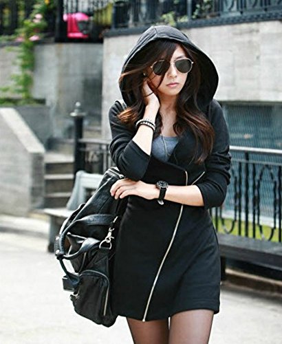 New Women's Ladies Fashion Zipper Slim Long Hoodie Hooded Jacket Coat Jumper (M, Black) - Image 4