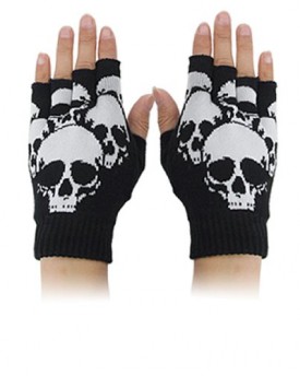 Skull-Print-Stretchy-Half-Finger-Unisex-Gloves-Black-S-0