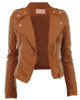 Tan-UK-12-Diana-New-Womens-Faux-Leather-Biker-Gold-Button-Zip-Crop-Ladies-Jacket-Coat-0