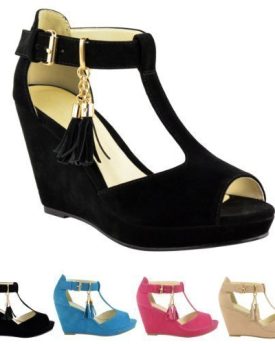 WOMENS-LADIES-MID-HEEL-PLATFORM-WEDGES-PEEP-TOE-STRAPPY-SUMMER-SANDALS-SIZE-UK-4-Black-Suede-0