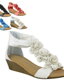 WOMENS-LADIES-SUMMER-SANDALS-STRAPPY-FLOWER-LOW-HEEL-FLAT-WEDGE-SHOES-SIZE-UK-4-White-Faux-Leather-0
