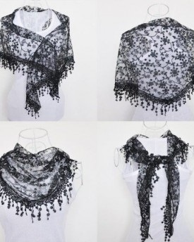 Women-Lace-Tassel-Sheer-Metallic-Burnt-out-Floral-Print-Triangle-Scarf-Shawl-Black-0