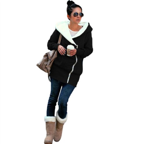 Women Warm Zip Long Sweatshirt Black Hoodie Jacket Coat Sweater Faux Fur Hooded Top Outerwear L/UK 14-16