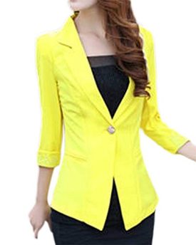 Womens-Blazer-34-Sleeve-One-Button-Lady-Workwear-Suit-Coat-Jacket-Outwear-0