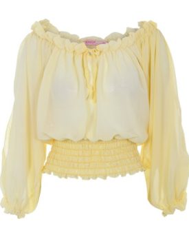 Womens-Chiffon-Gypsy-Split-Open-34-Sleeve-Off-Shoulder-Frill-Shirred-Top-Blouse-Lemon14-0