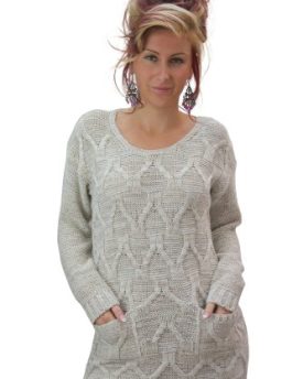 Womens-Chunky-Cable-Knitted-2-Pocket-Jumper-Sweater-ML-12-14-SILVER-0