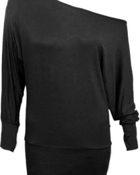 Womens-Ladies-Plain-Batwing-Off-The-Shoulder-Top-Black-Size-ML-0