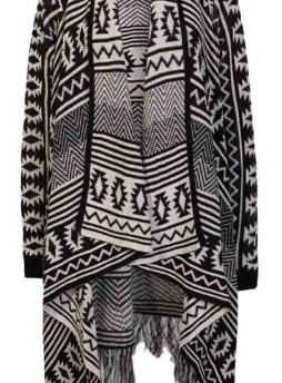 Womens-Ladies-Wrap-Waterfall-Aztec-Tribal-Cardigan-Tassle-Kimono-Style-SIZE-UK-8-14-OneSize-Black-Beige-0