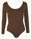 Womens-Long-Sleeve-Bodysuit-Stretch-Ladies-Leotard-Body-Top-Tshirt-8-14-ML-12-14-Brown-0