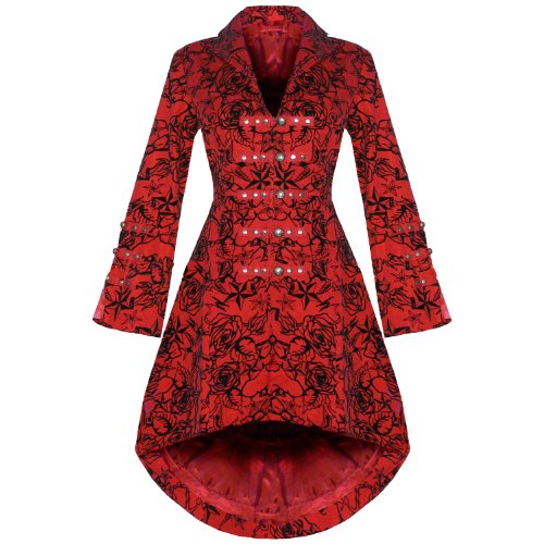 Womens New Red Gothic Steampunk Military Rockabilly Flocked Tattoo Coat - Image 3