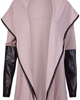 Womens-PVC-PU-Long-Sleeve-Ladies-Stretch-Waterfall-Trim-Open-Fitted-Cardigan-Jacket-Coat-Mocha-8-10-0